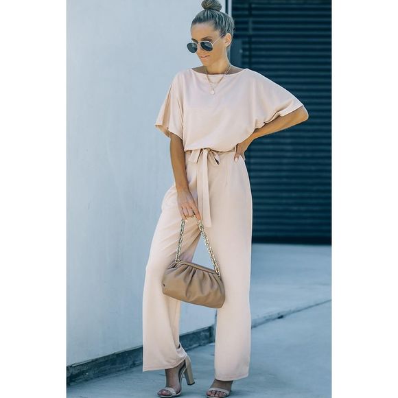 Azura Exchange  Apricot Oh So Glam Belted Wide Leg Jumpsuit - Picture 5 of 15